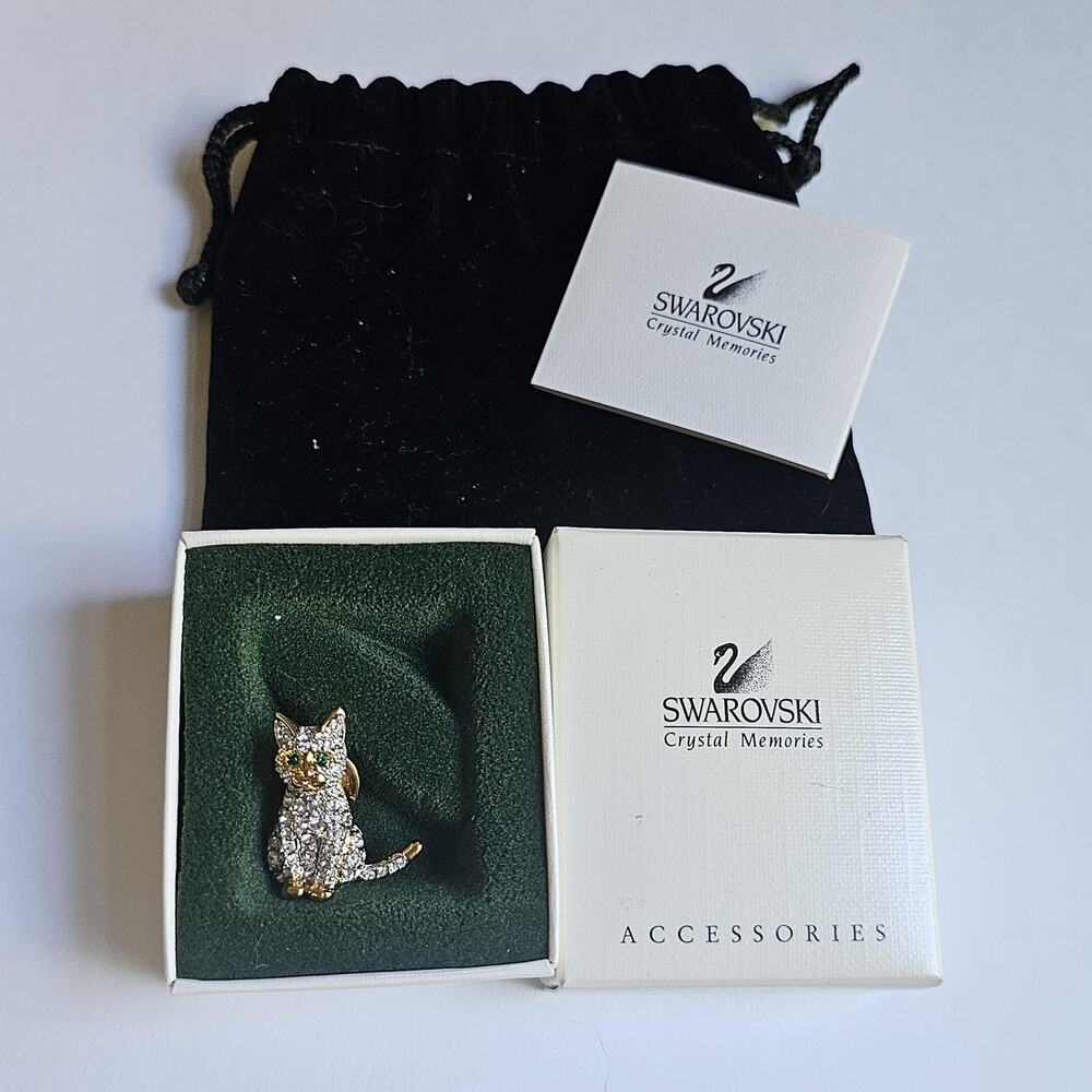 Vintage 1990s Swarovski Crystal Memories Cat Brooch, Complete Set